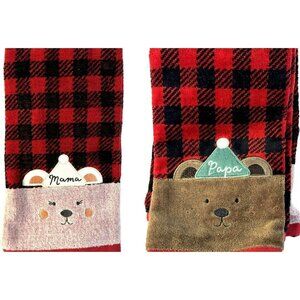 Red Black Plaid Mama & Papa Bear Bath Hand Towel Set (2) 100% Cotton Velour NEW
